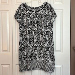 Talbots Black and White paisley Pompom trim dress